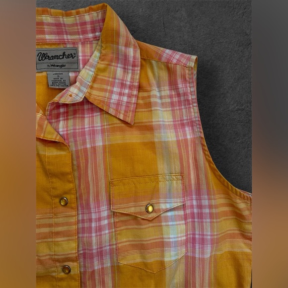 Wrancher Wrangler Plaid Orange Sleeveless Fitted Button Down Shirt - Size S - Picture 7 of 10
